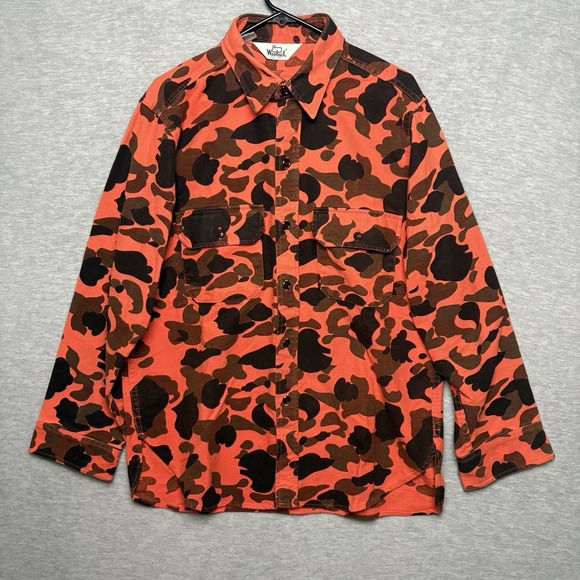 Vintage Woolrich Orange Blaze Duck Camo Button Shirt Hunting USA Made Men Large - Picture 1 of 10